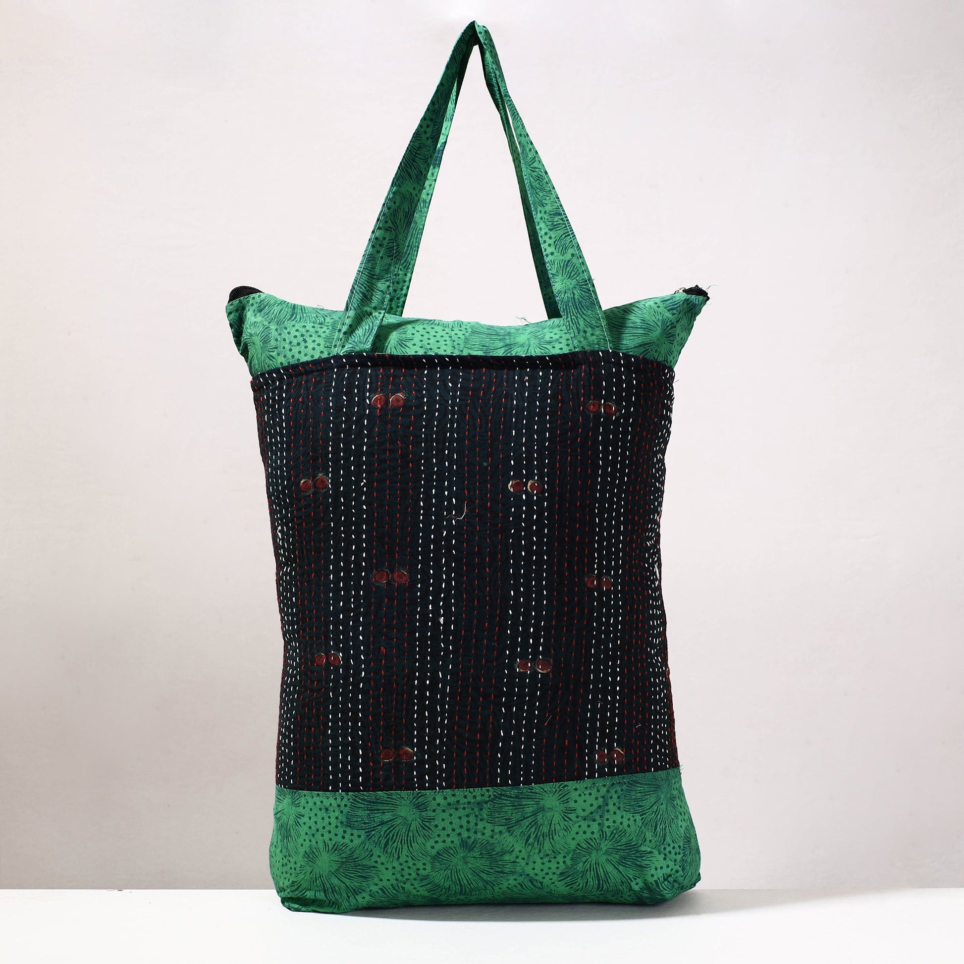 Black - Kantha Work Block Print Cotton Shopping Bag