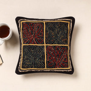 Black - Kala Raksha Rabari Applique Hand Embroidery Cotton Cushion Cover (12 x 12 in)