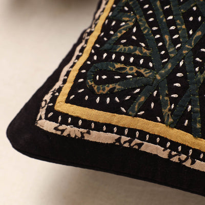 Black - Kala Raksha Rabari Applique Hand Embroidery Cotton Cushion Cover (12 x 12 in)
