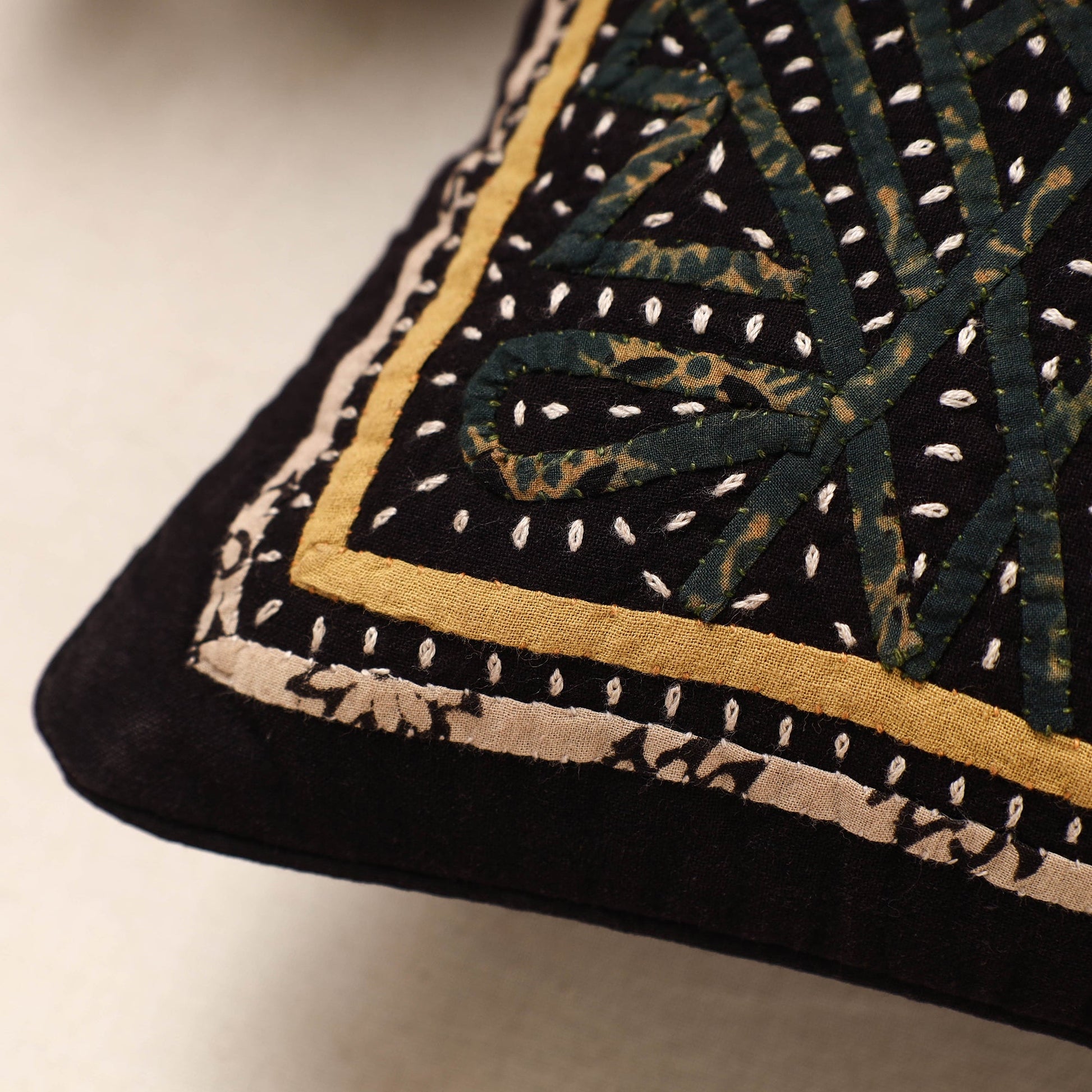 Black - Kala Raksha Rabari Applique Hand Embroidery Cotton Cushion Cover (12 x 12 in)