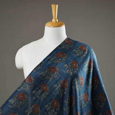 Blue - Akola Hand Block Printed Mulberry Silk Fabric 07