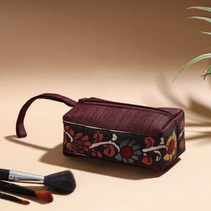 Brown - Handpainted Kalamkari Natural Dyed Ghicha Silk Multipurpose Cosmetic/Toiletry Pouch