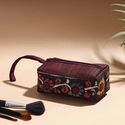 Brown - Handpainted Kalamkari Natural Dyed Ghicha Silk Multipurpose Cosmetic/Toiletry Pouch
