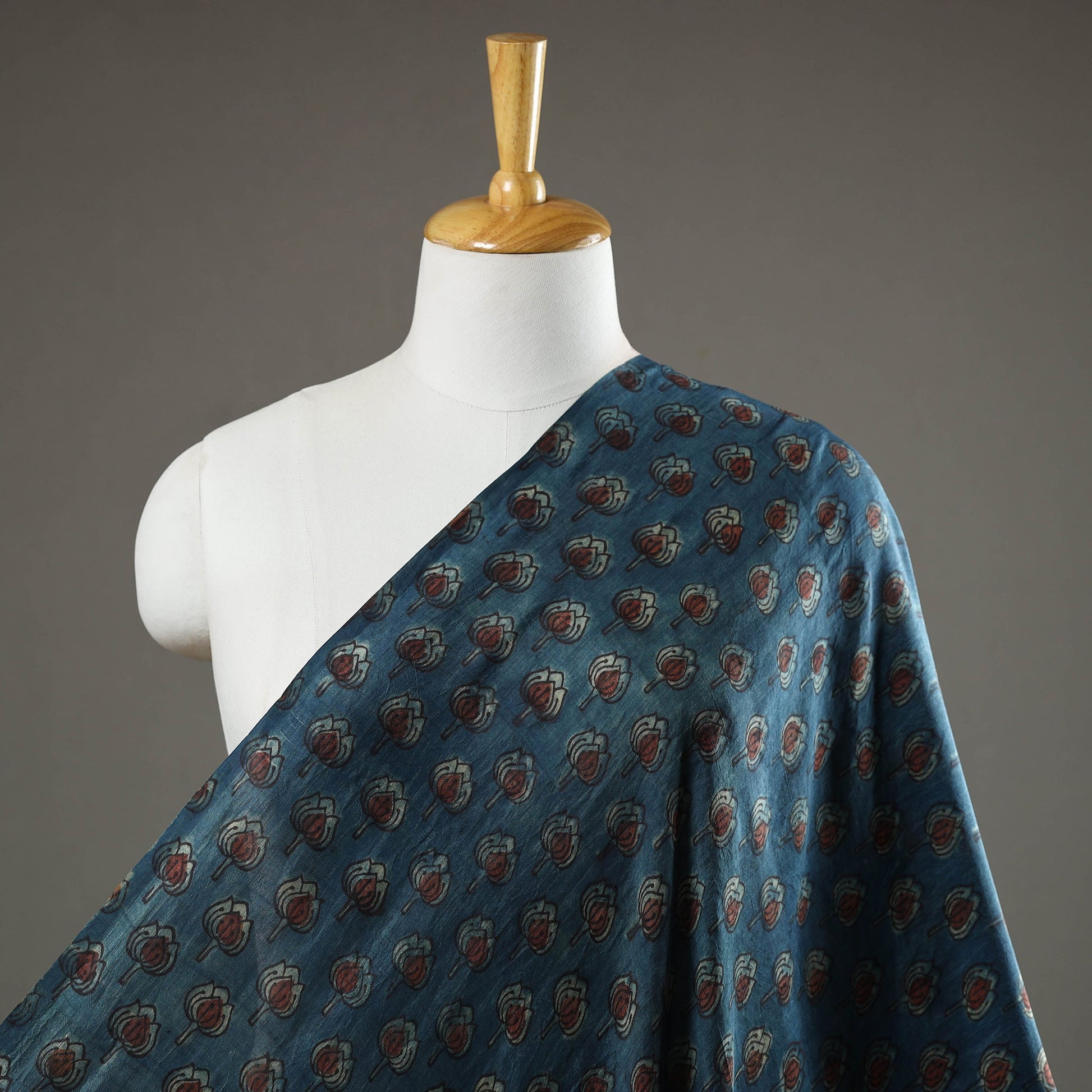 Blue - Akola Hand Block Printed Mulberry Silk Fabric 08
