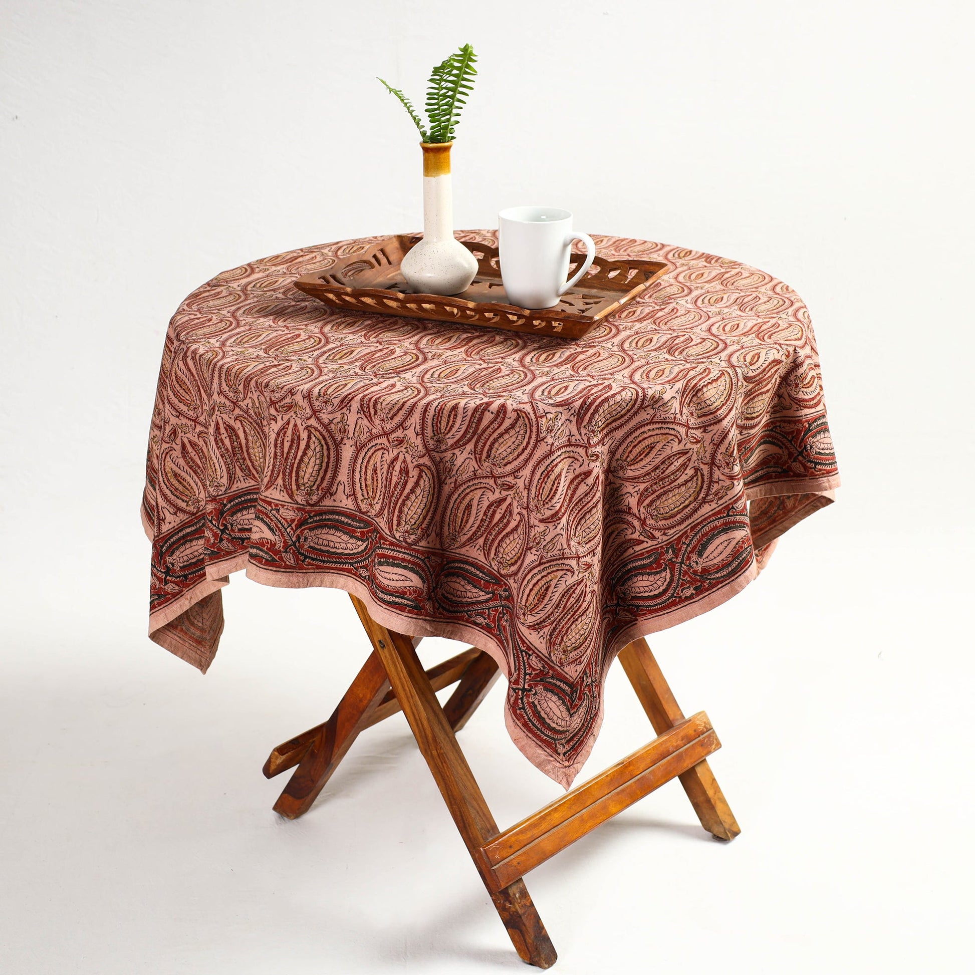 Beige - Original Pedana Kalamkari Block Printed Cotton Table Cover (46 x 43 in)