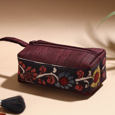 Brown - Handpainted Kalamkari Natural Dyed Ghicha Silk Multipurpose Cosmetic/Toiletry Pouch