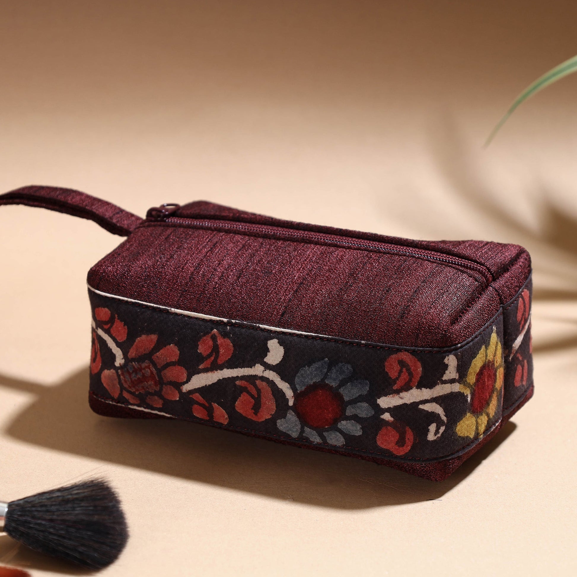 Brown - Handpainted Kalamkari Natural Dyed Ghicha Silk Multipurpose Cosmetic/Toiletry Pouch