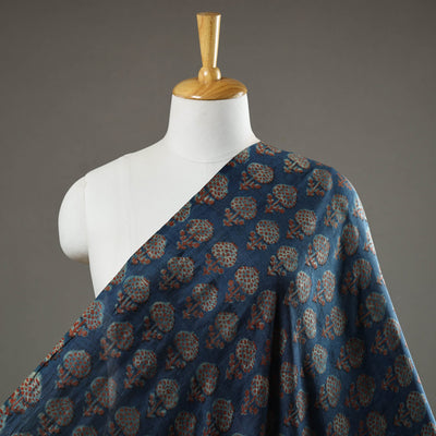 Blue - Akola Hand Block Printed Mulberry Silk Fabric 09