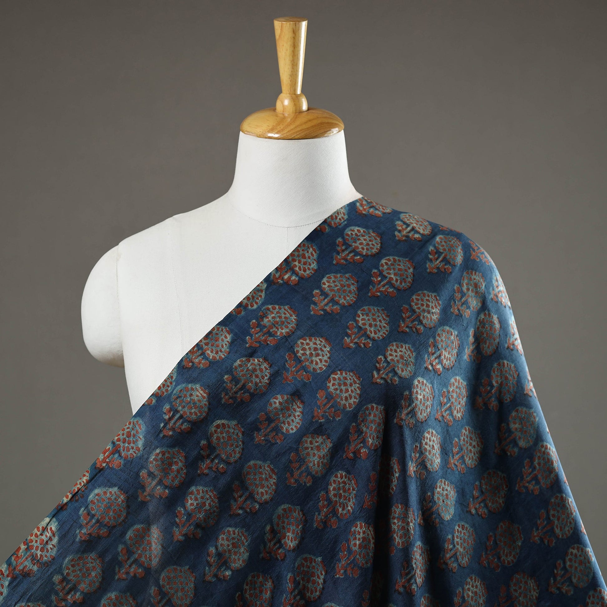 Blue - Akola Hand Block Printed Mulberry Silk Fabric 09