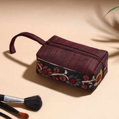 Brown - Handpainted Kalamkari Natural Dyed Ghicha Silk Multipurpose Cosmetic/Toiletry Pouch