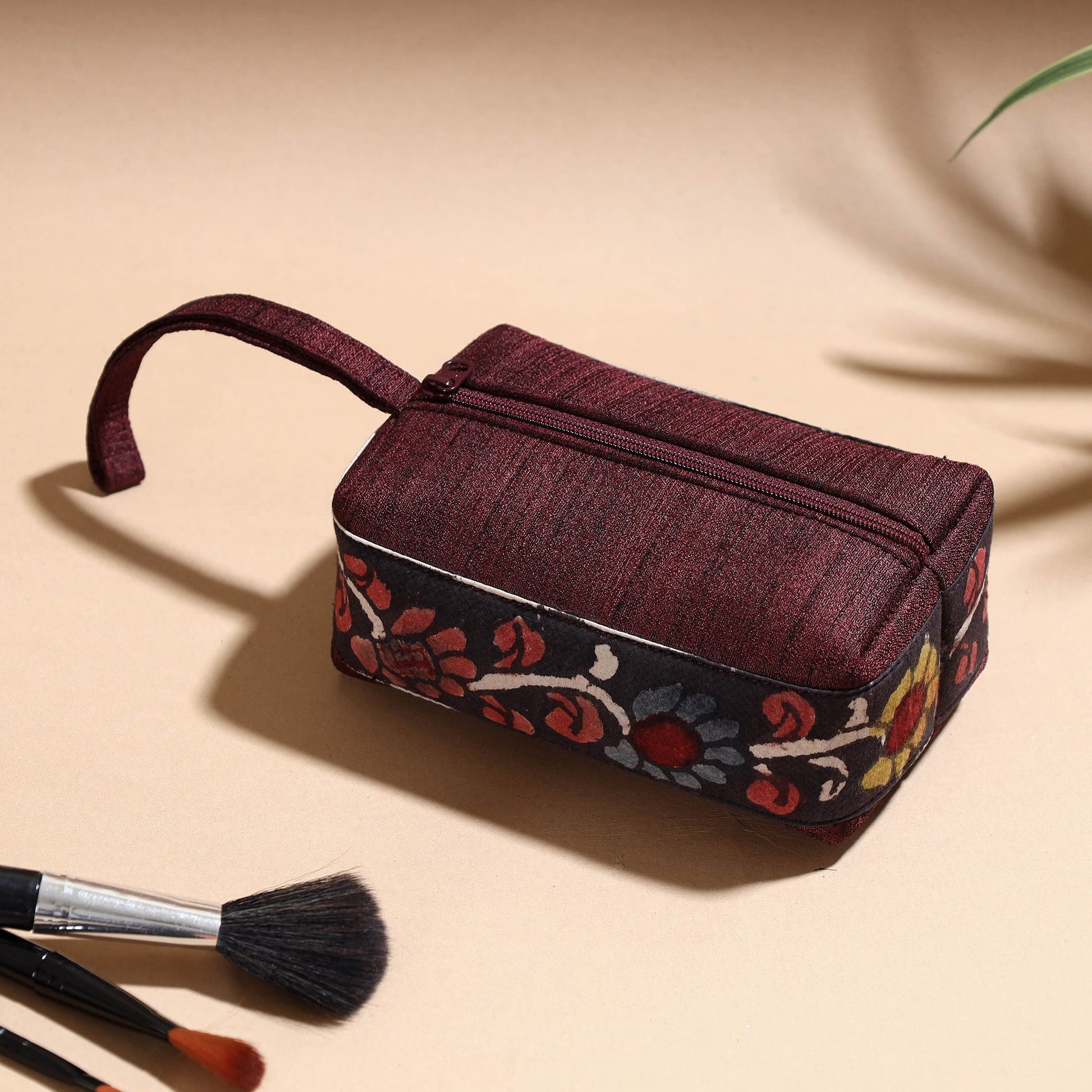 Brown - Handpainted Kalamkari Natural Dyed Ghicha Silk Multipurpose Cosmetic/Toiletry Pouch