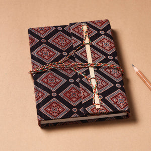 Black - Ajrakh Fabric Cover Handmade Paper Notebook with Thread Lock
