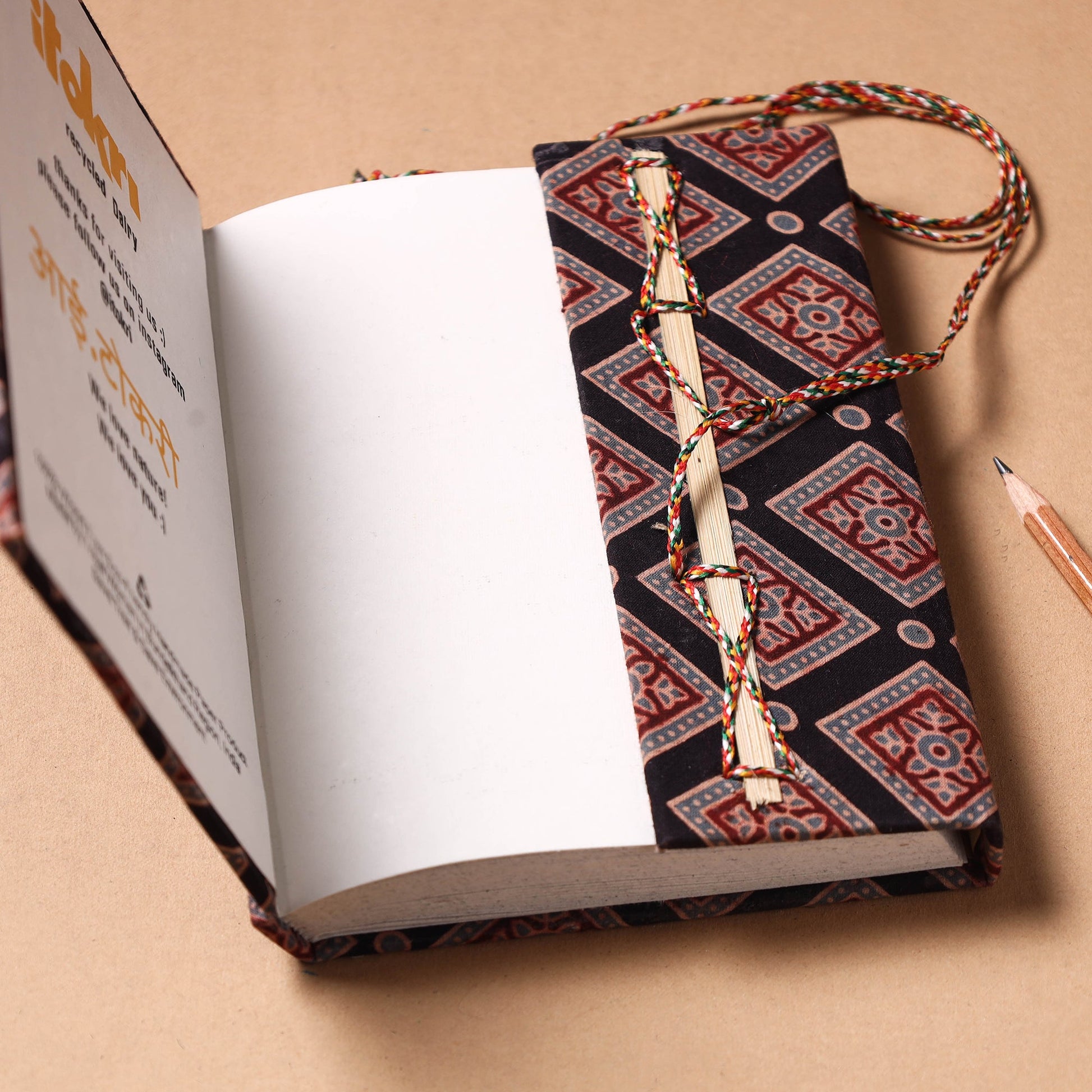 Black - Ajrakh Fabric Cover Handmade Paper Notebook with Thread Lock