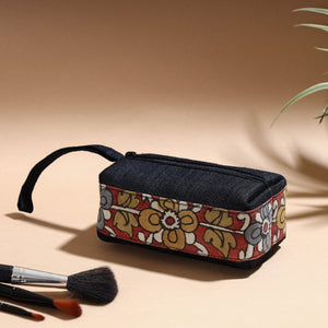 Black - Handpainted Kalamkari Natural Dyed Ghicha Silk Multipurpose Cosmetic/Toiletry Pouch
