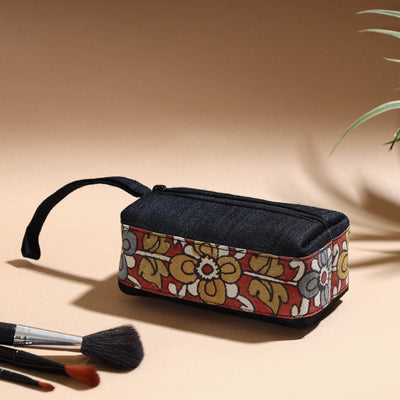 Black - Handpainted Kalamkari Natural Dyed Ghicha Silk Multipurpose Cosmetic/Toiletry Pouch
