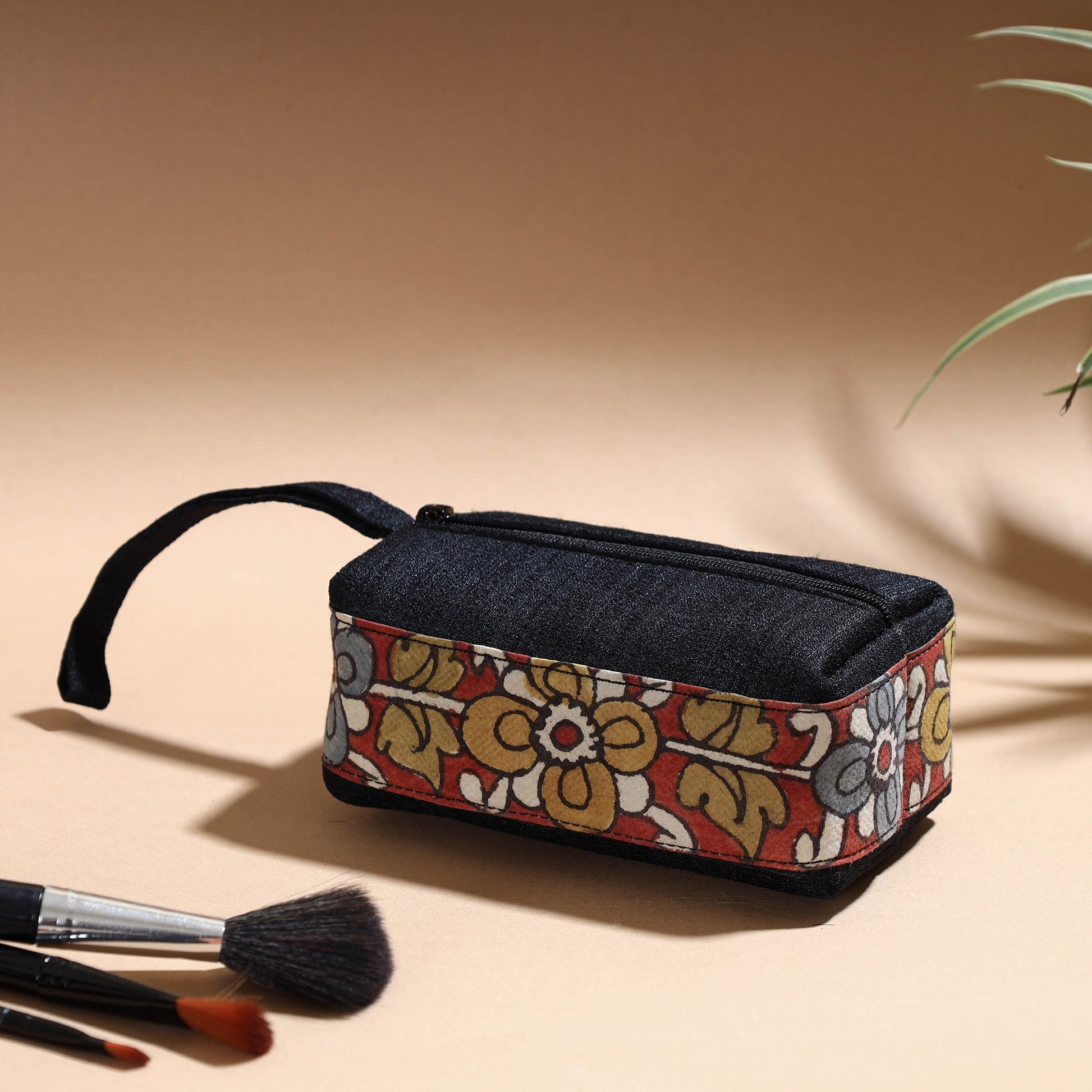 Black - Handpainted Kalamkari Natural Dyed Ghicha Silk Multipurpose Cosmetic/Toiletry Pouch