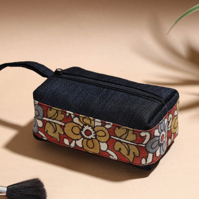 Black - Handpainted Kalamkari Natural Dyed Ghicha Silk Multipurpose Cosmetic/Toiletry Pouch