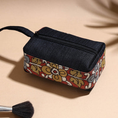 Black - Handpainted Kalamkari Natural Dyed Ghicha Silk Multipurpose Cosmetic/Toiletry Pouch