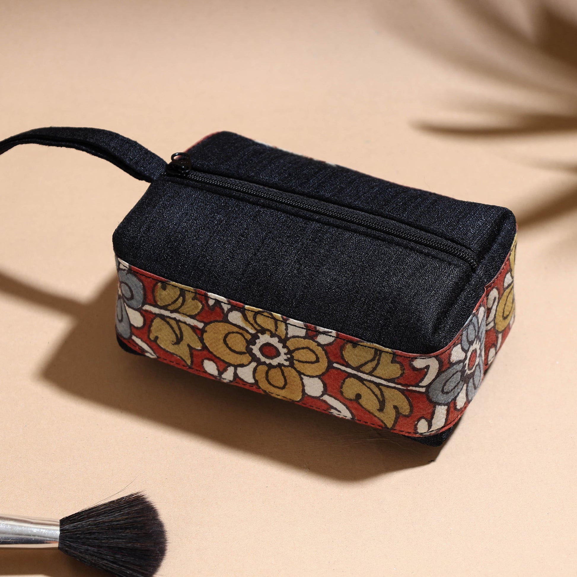 Black - Handpainted Kalamkari Natural Dyed Ghicha Silk Multipurpose Cosmetic/Toiletry Pouch