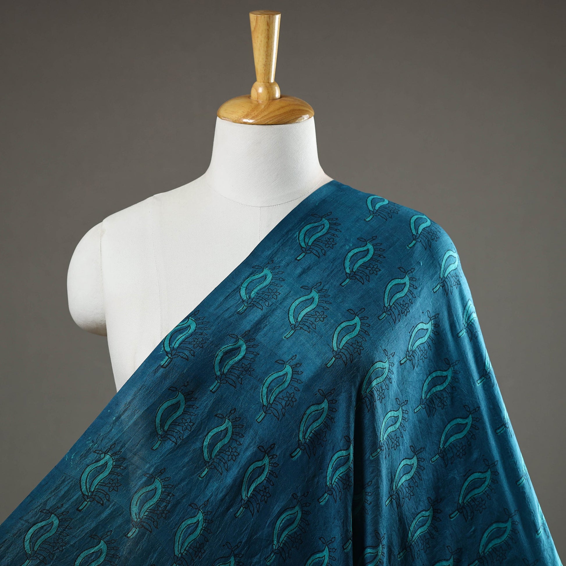 Blue - Akola Hand Block Printed Mulberry Silk Fabric 26