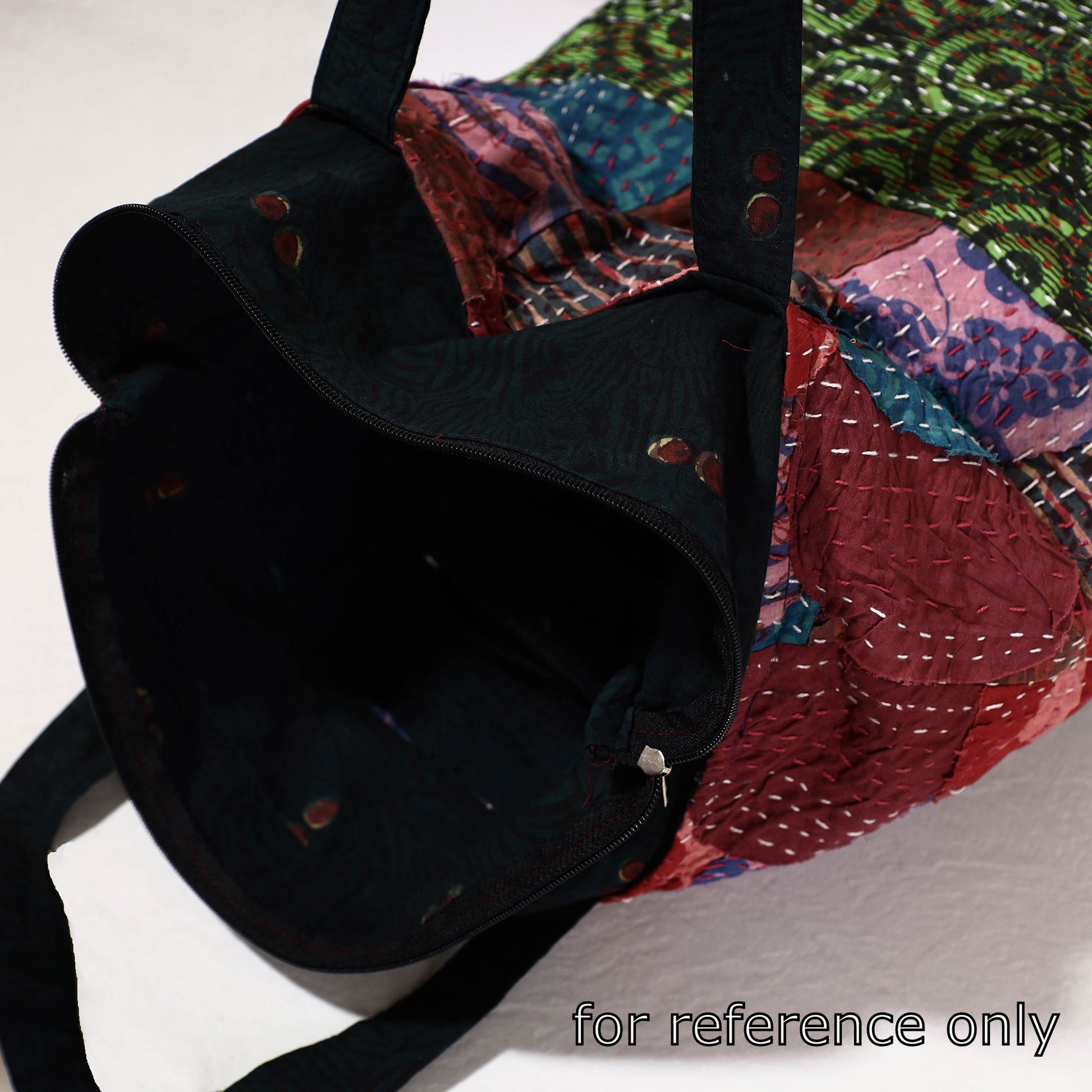 Black - Kantha Work Block Print Cotton Shopping Bag