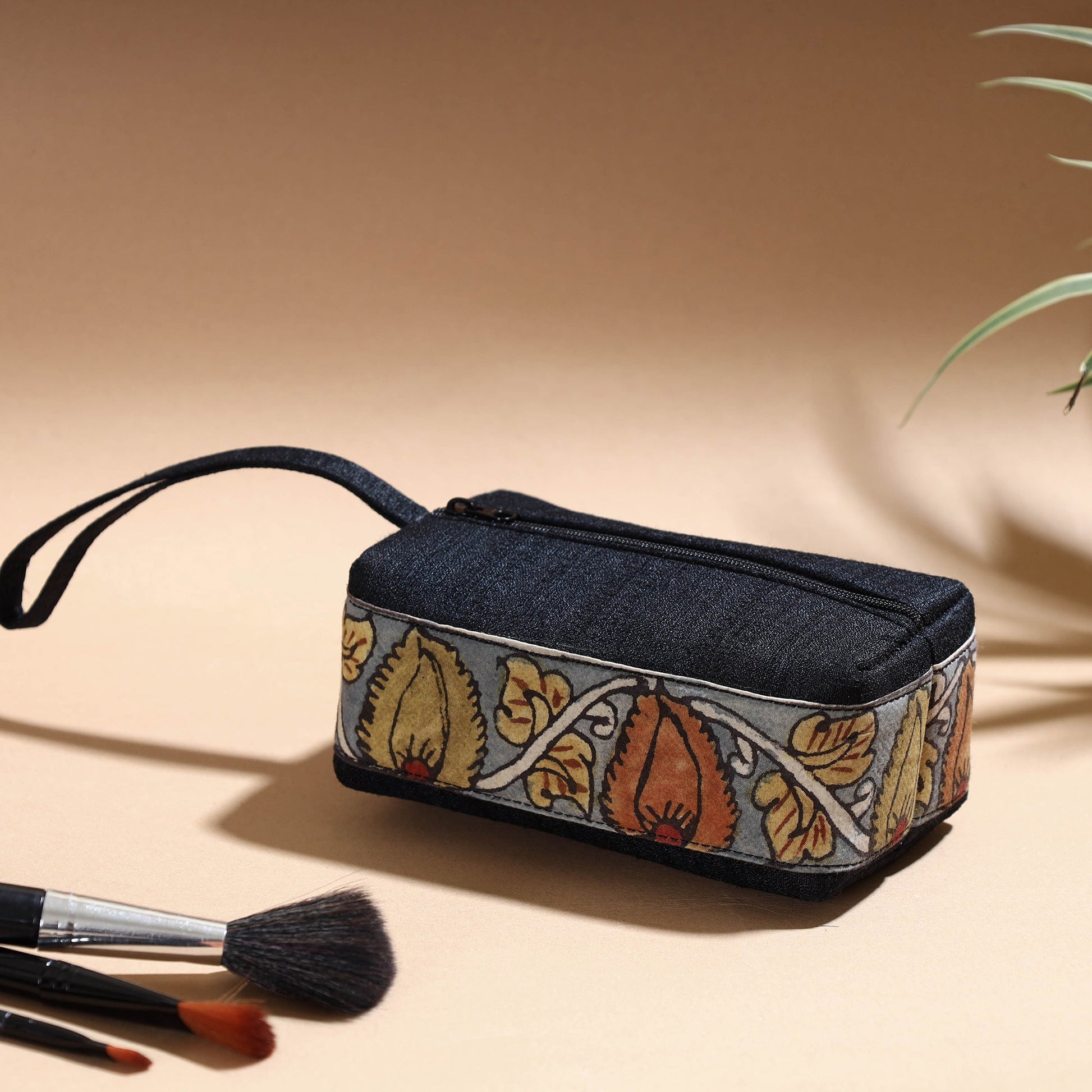 Black - Handpainted Kalamkari Natural Dyed Ghicha Silk Multipurpose Cosmetic/Toiletry Pouch