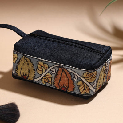 Black - Handpainted Kalamkari Natural Dyed Ghicha Silk Multipurpose Cosmetic/Toiletry Pouch