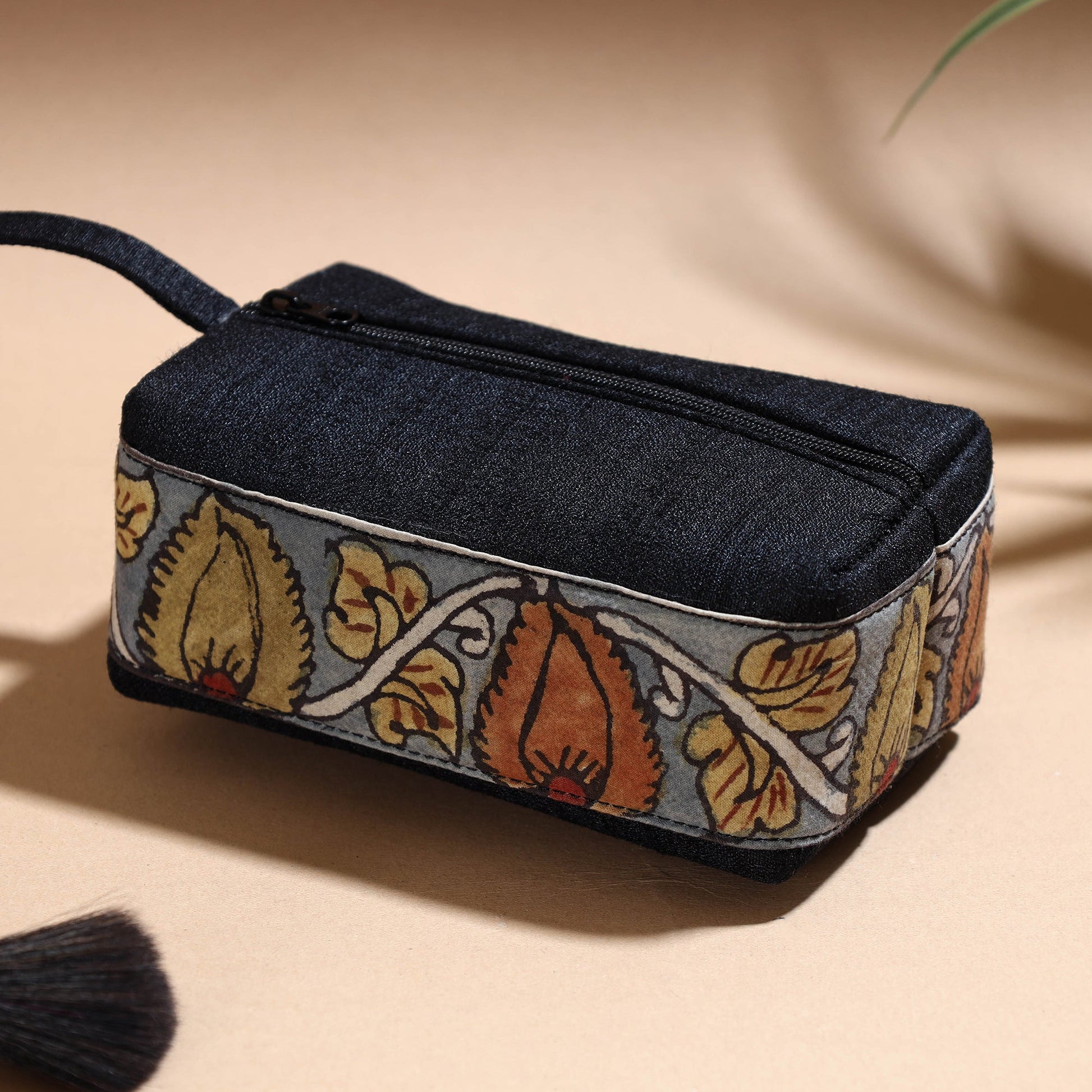 Black - Handpainted Kalamkari Natural Dyed Ghicha Silk Multipurpose Cosmetic/Toiletry Pouch