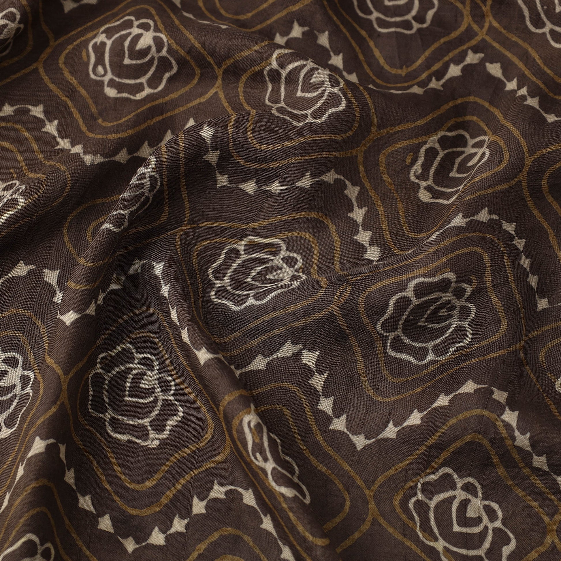Brown - Akola Hand Block Printed Mulberry Silk Fabric 01