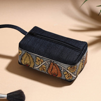 Black - Handpainted Kalamkari Natural Dyed Ghicha Silk Multipurpose Cosmetic/Toiletry Pouch