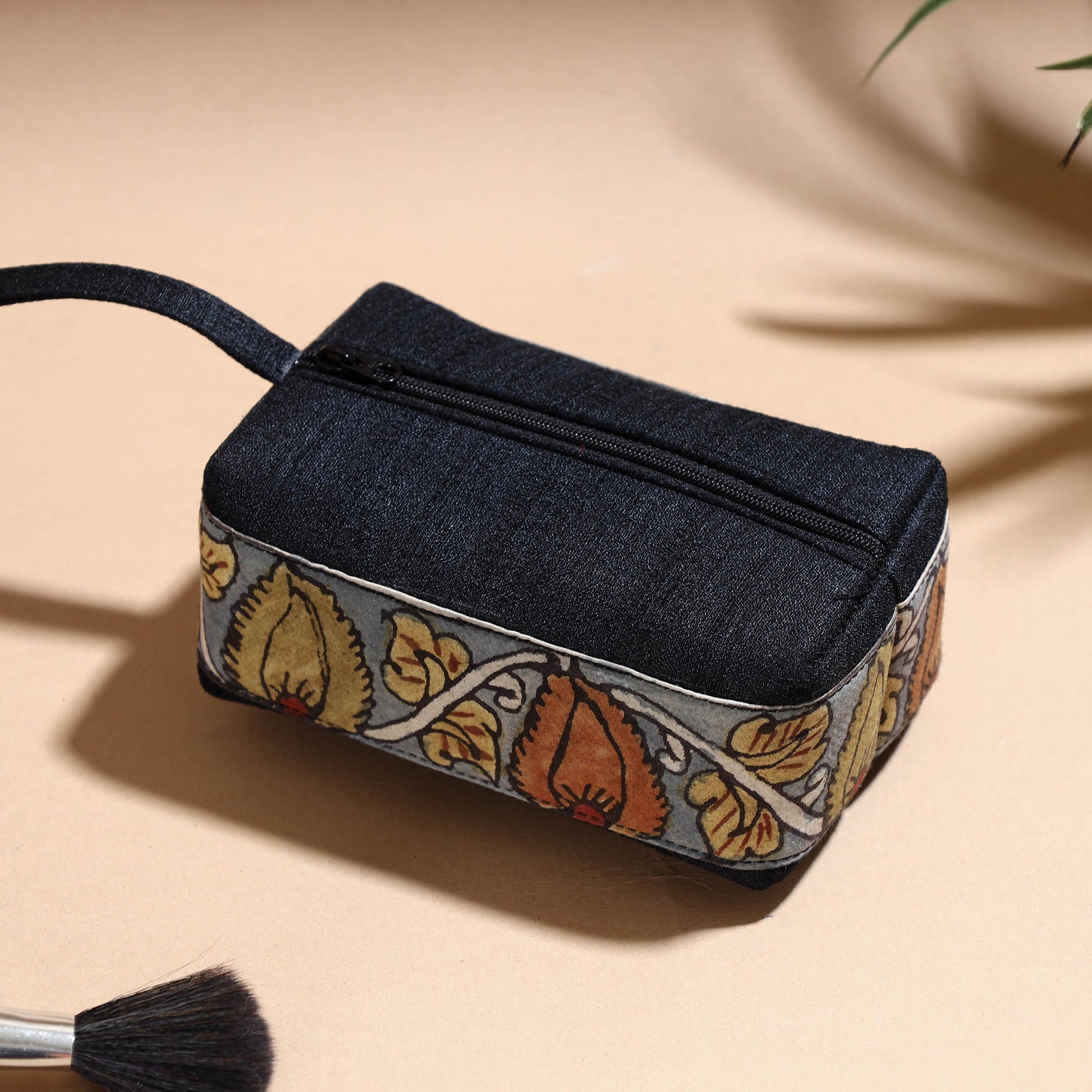 Black - Handpainted Kalamkari Natural Dyed Ghicha Silk Multipurpose Cosmetic/Toiletry Pouch