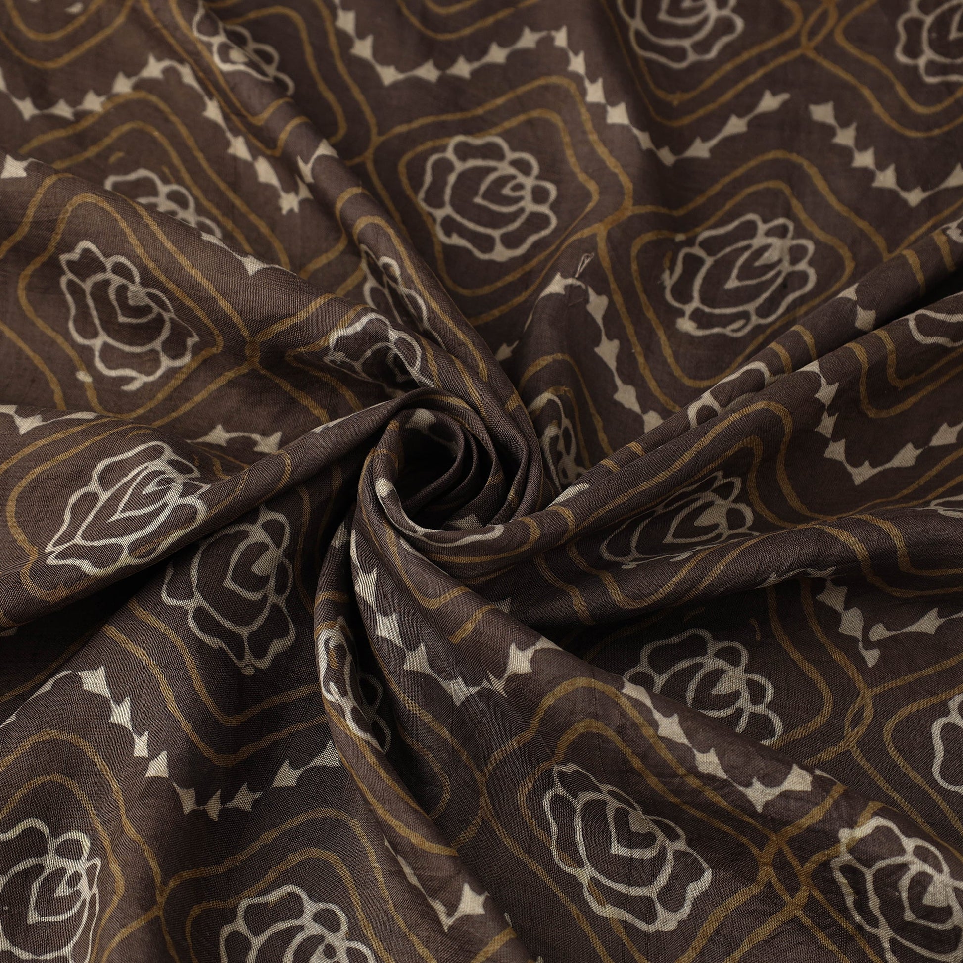 Brown - Akola Hand Block Printed Mulberry Silk Fabric 01