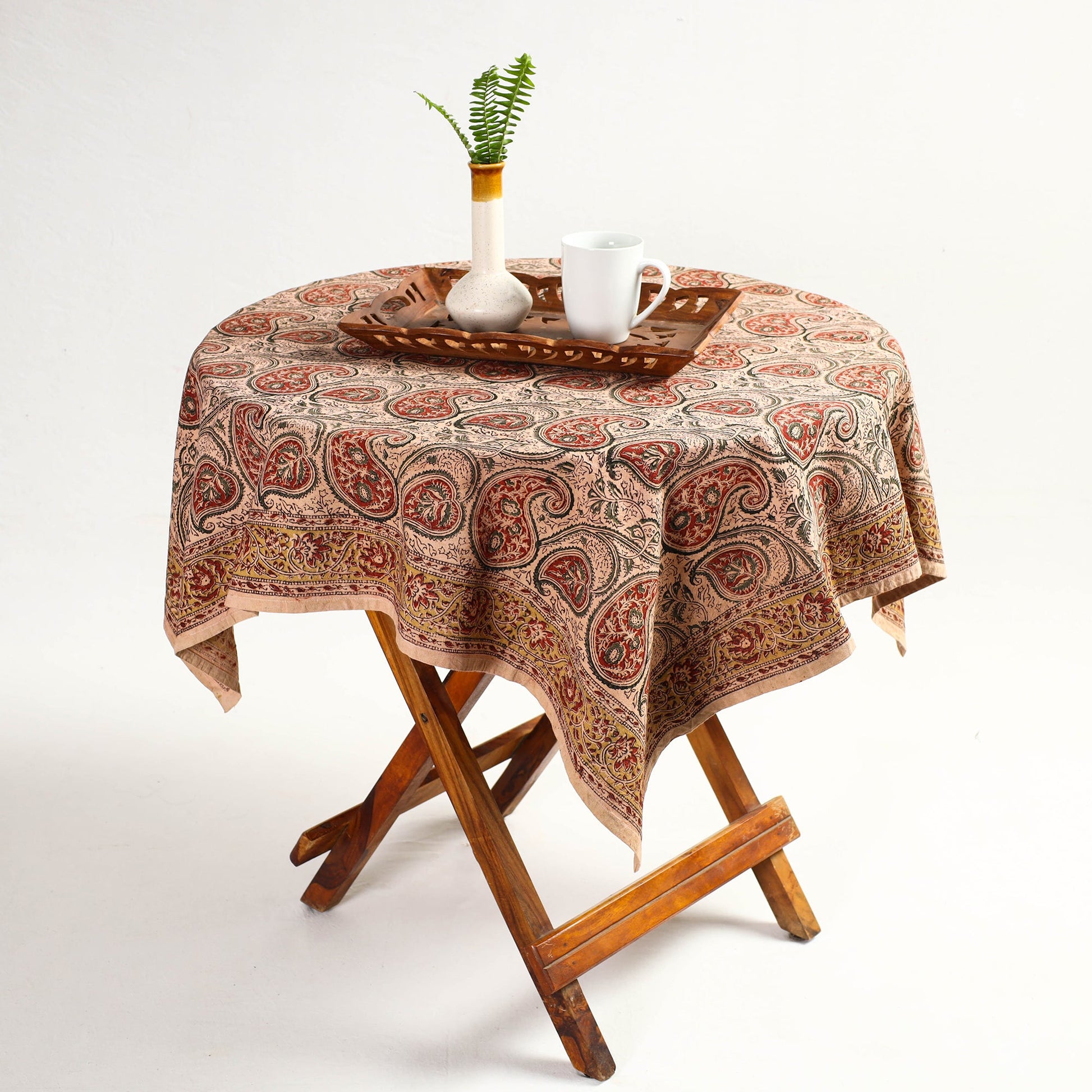 Beige - Original Pedana Kalamkari Block Printed Cotton Table Cover (46 x 43 in)