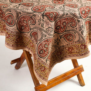 Beige - Original Pedana Kalamkari Block Printed Cotton Table Cover (46 x 43 in)