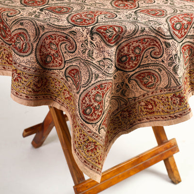 Beige - Original Pedana Kalamkari Block Printed Cotton Table Cover (46 x 43 in)