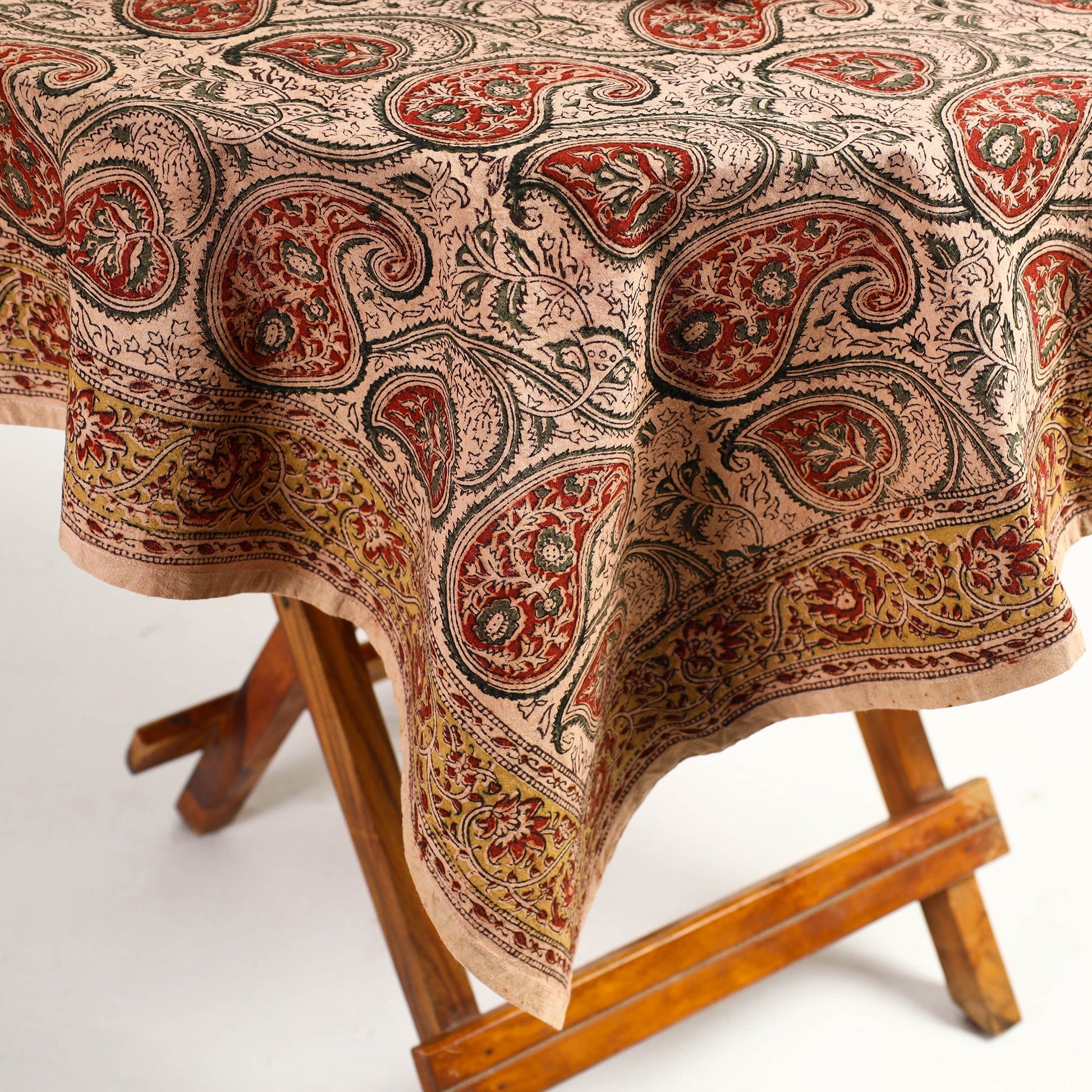 Beige - Original Pedana Kalamkari Block Printed Cotton Table Cover (46 x 43 in)