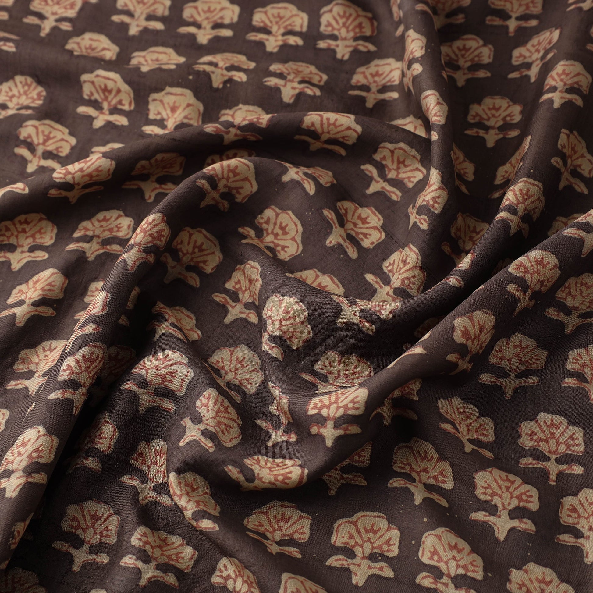 Brown - Akola Hand Block Printed Mulberry Silk Fabric 05
