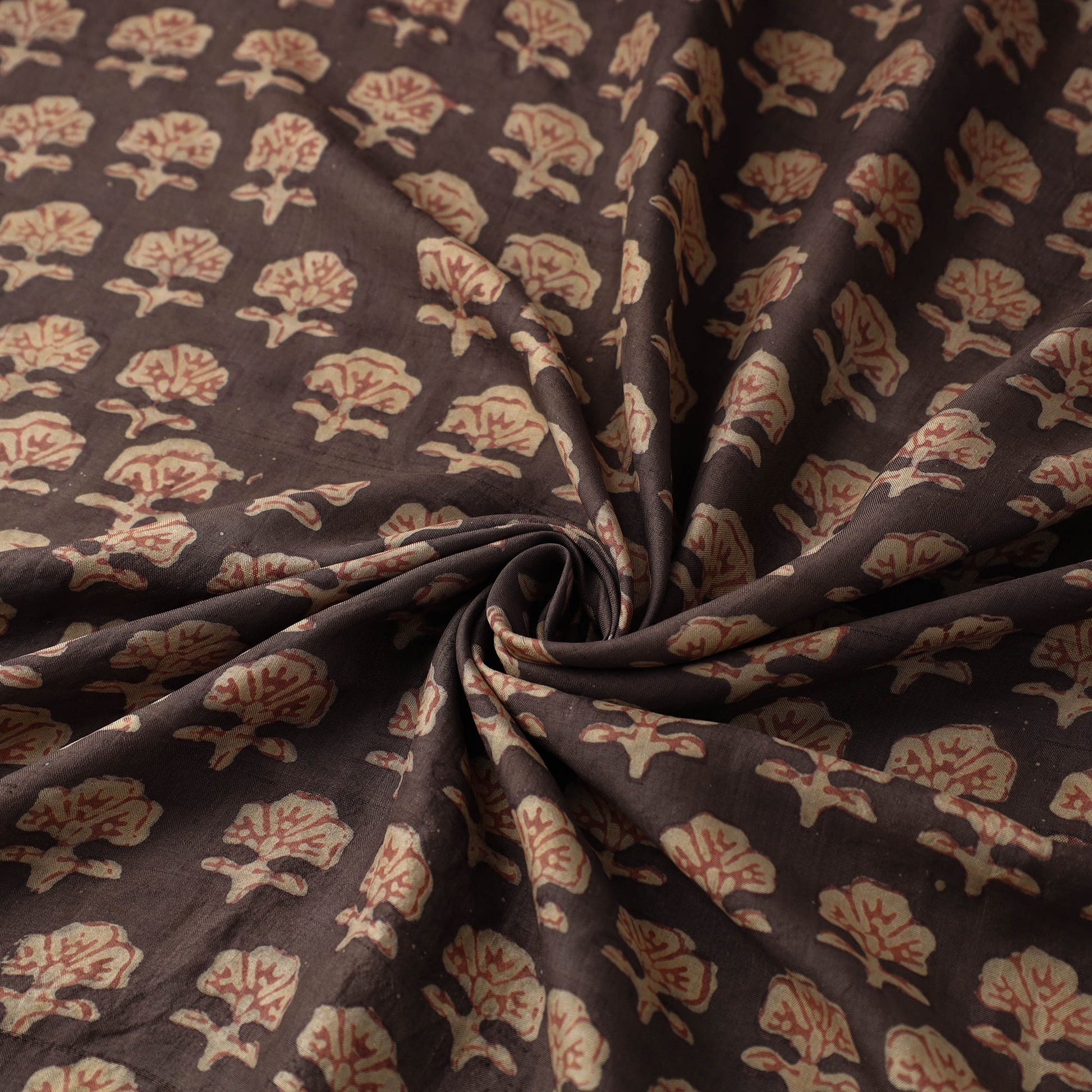 Brown - Akola Hand Block Printed Mulberry Silk Fabric 05