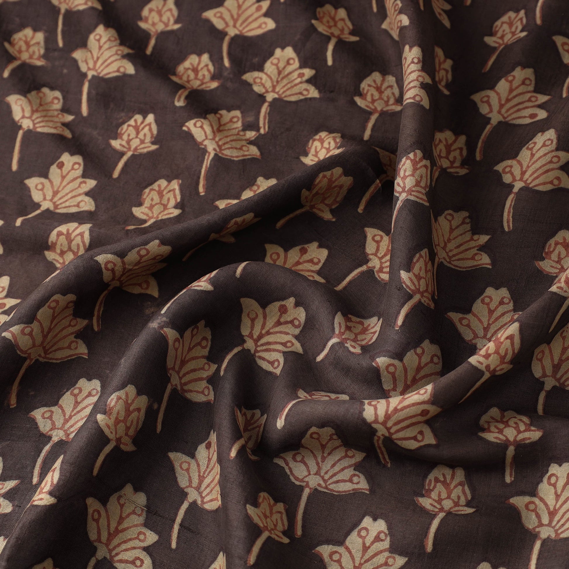 Brown - Akola Hand Block Printed Mulberry Silk Fabric 06