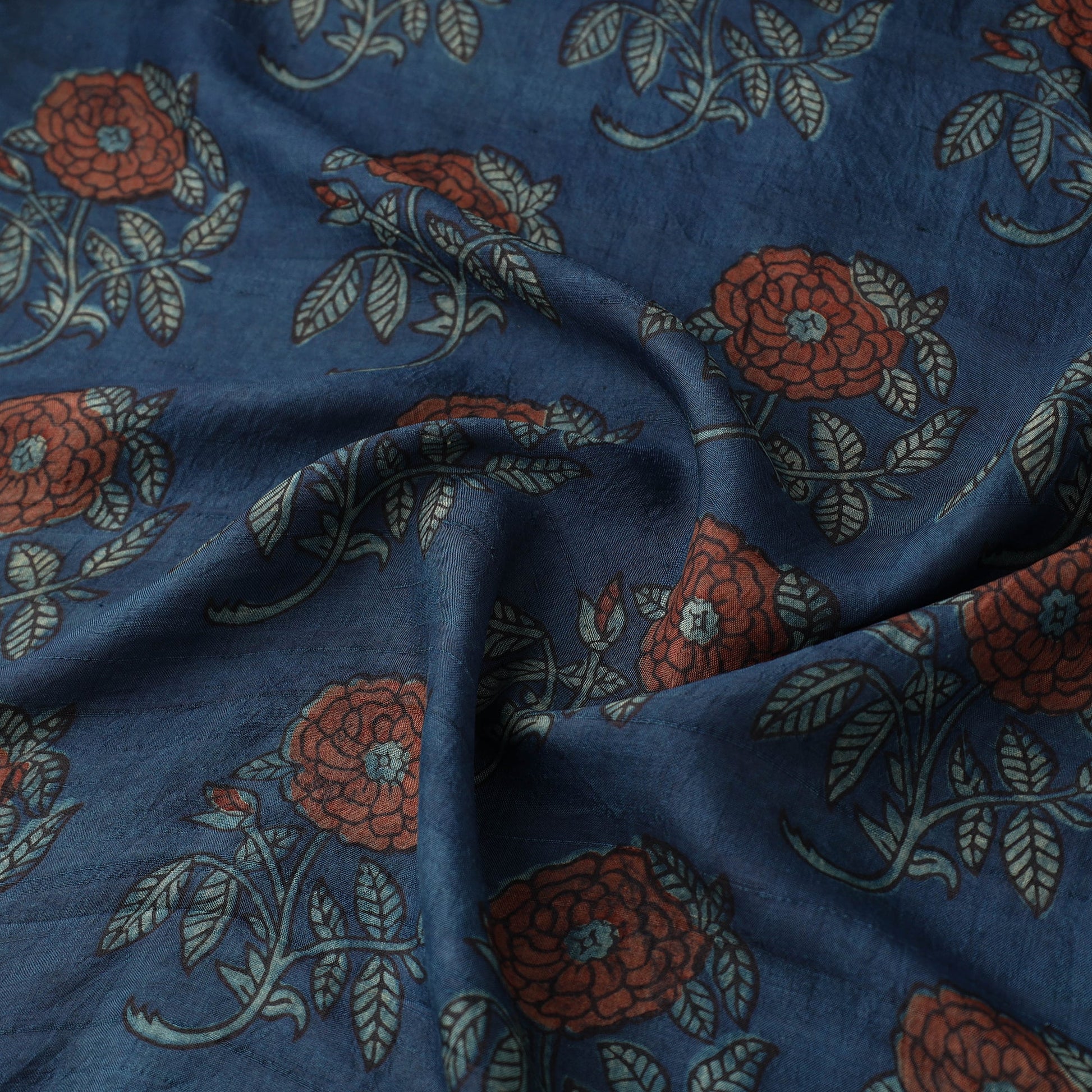 Blue - Akola Hand Block Printed Mulberry Silk Fabric 07
