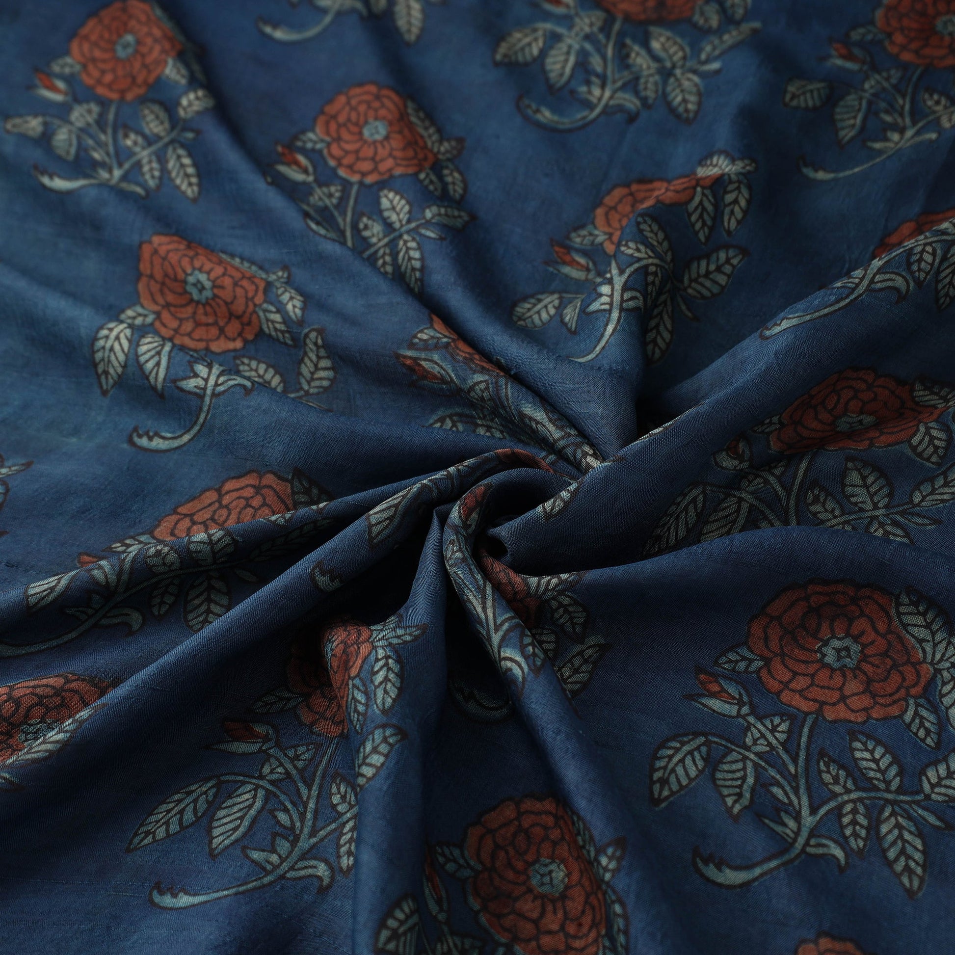 Blue - Akola Hand Block Printed Mulberry Silk Fabric 07