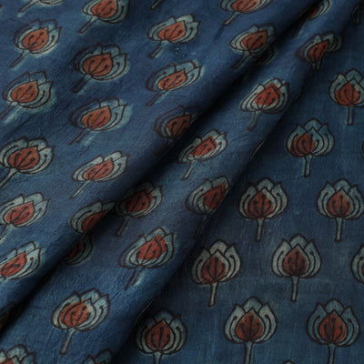 Blue - Akola Hand Block Printed Mulberry Silk Fabric 08