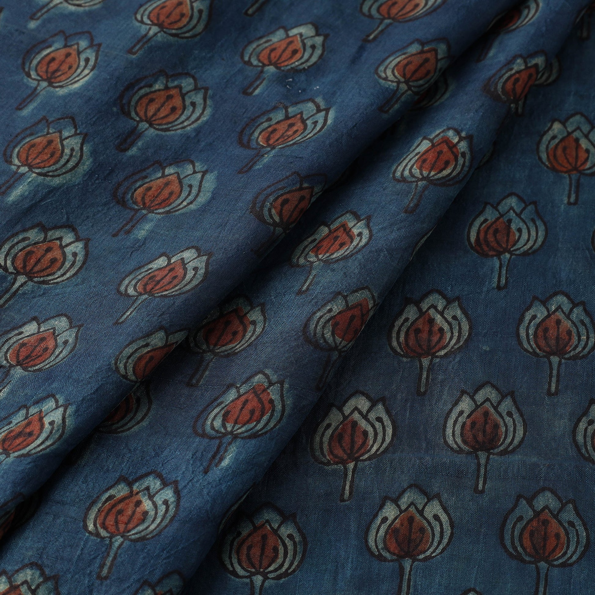 Blue - Akola Hand Block Printed Mulberry Silk Fabric 08