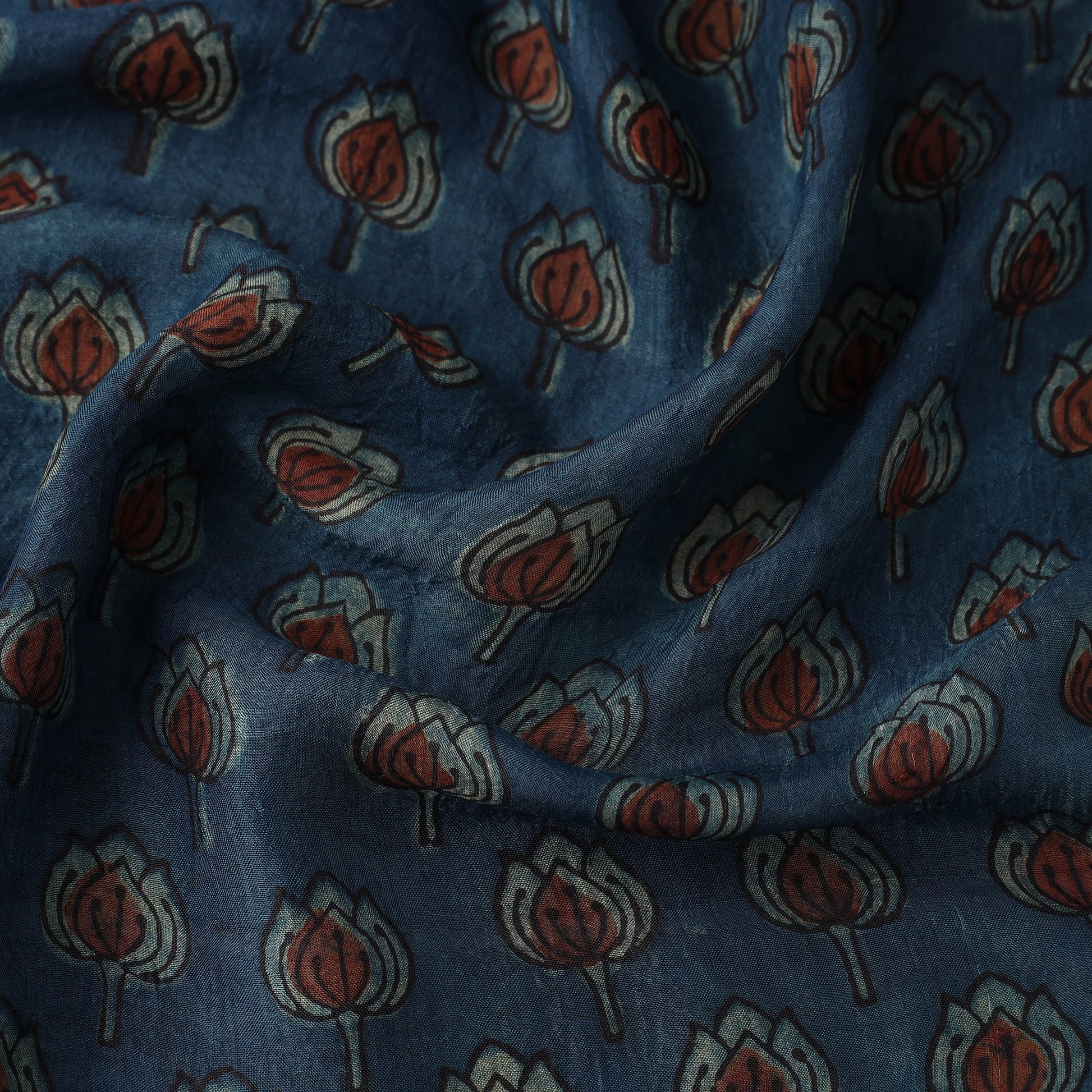 Blue - Akola Hand Block Printed Mulberry Silk Fabric 08