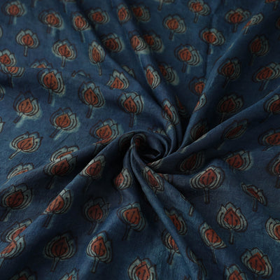 Blue - Akola Hand Block Printed Mulberry Silk Fabric 08