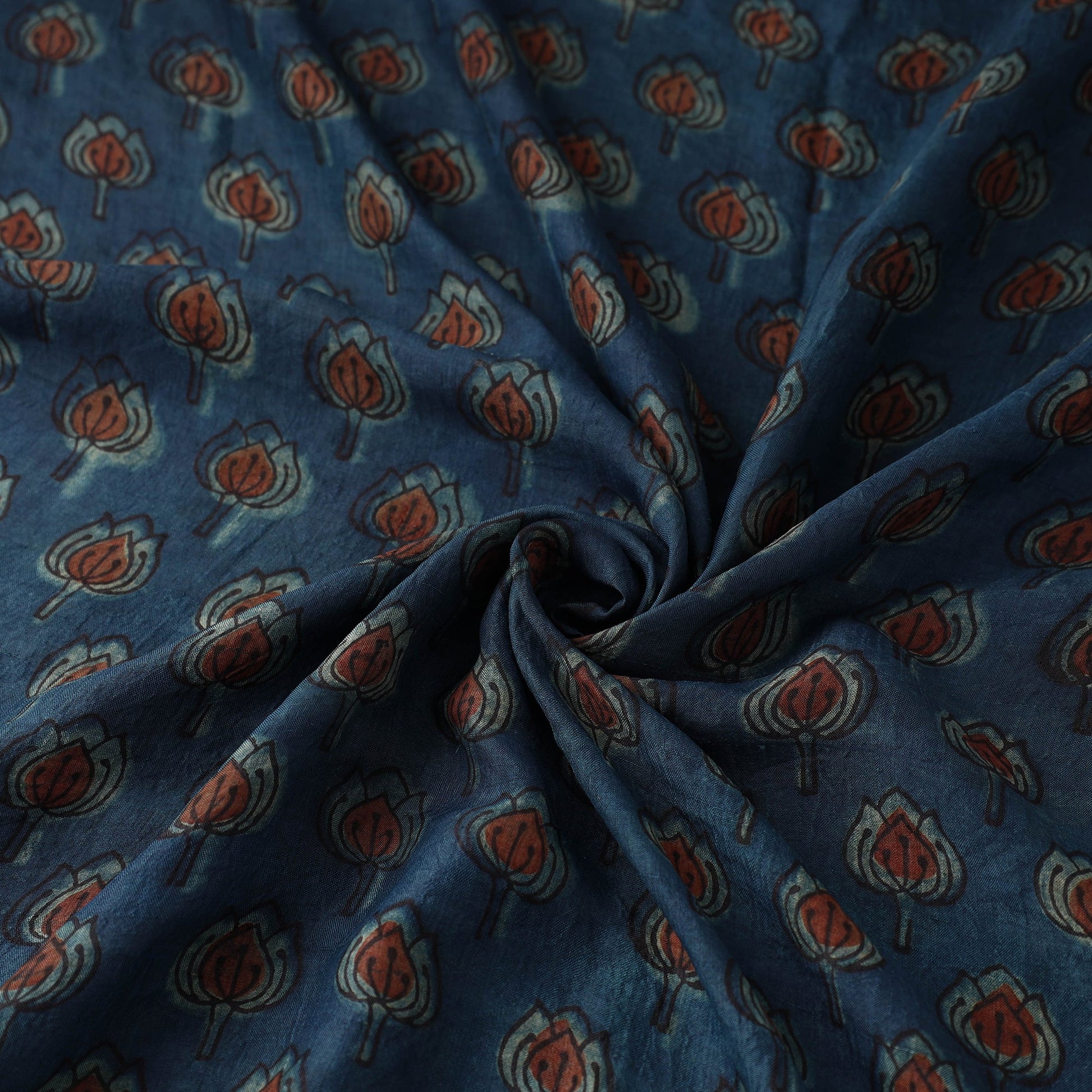 Blue - Akola Hand Block Printed Mulberry Silk Fabric 08