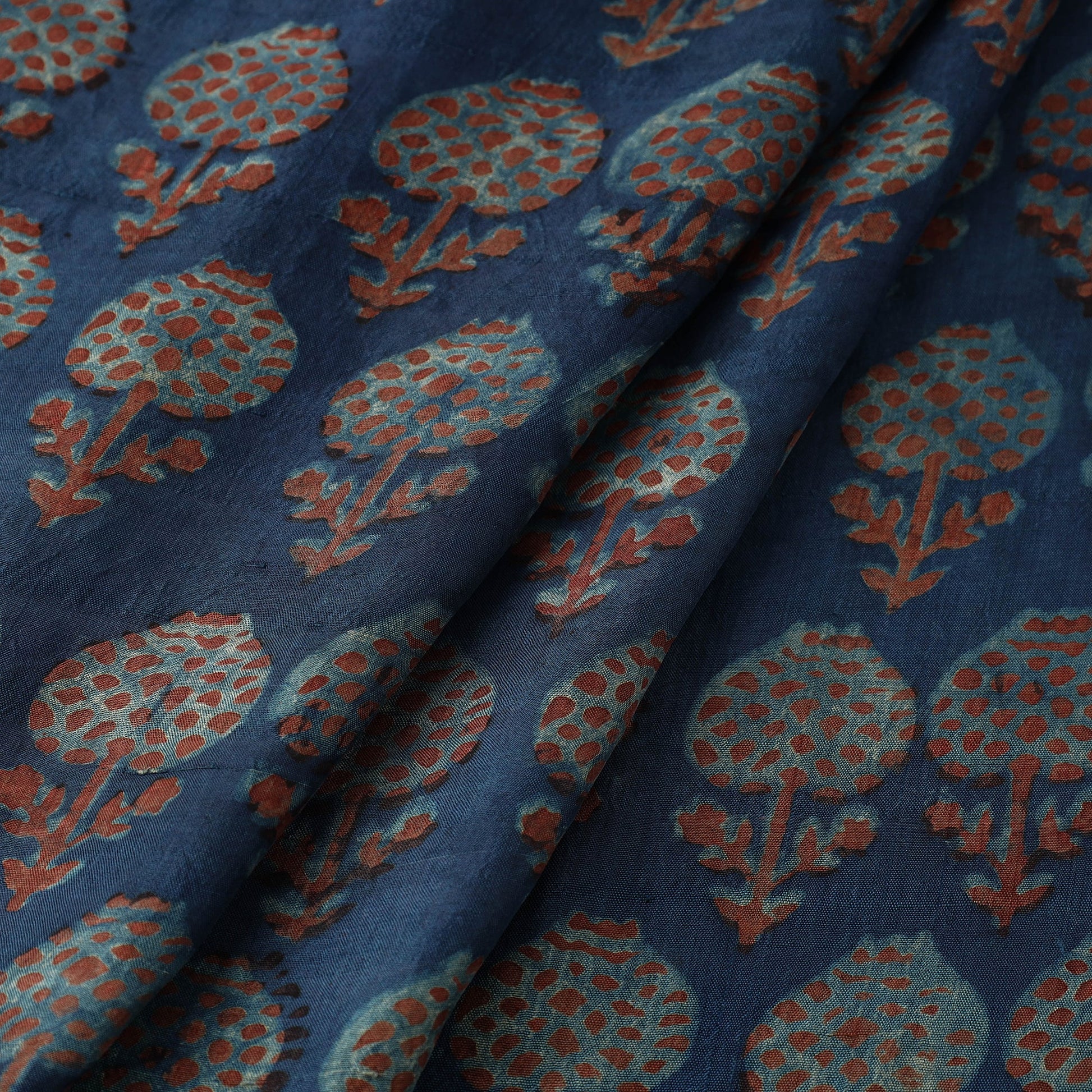 Blue - Akola Hand Block Printed Mulberry Silk Fabric 09