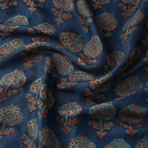 Blue - Akola Hand Block Printed Mulberry Silk Fabric 09