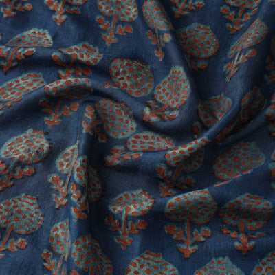 Blue - Akola Hand Block Printed Mulberry Silk Fabric 09