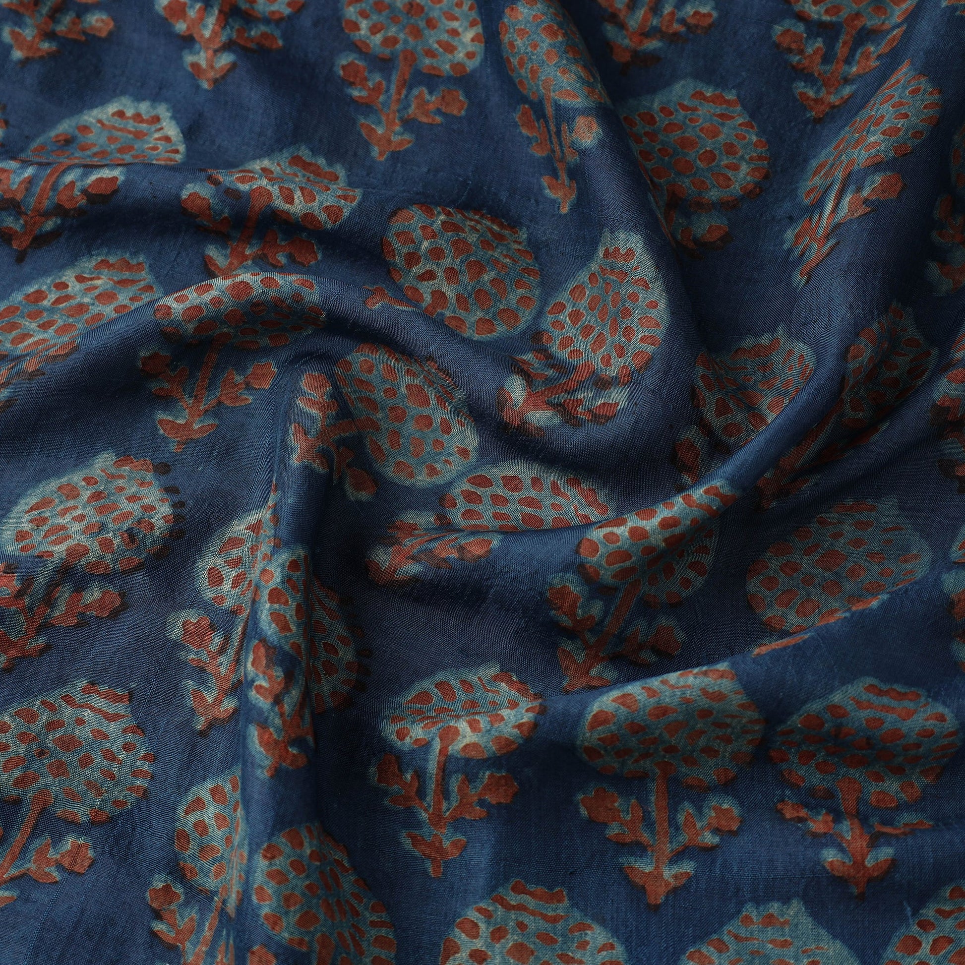 Blue - Akola Hand Block Printed Mulberry Silk Fabric 09